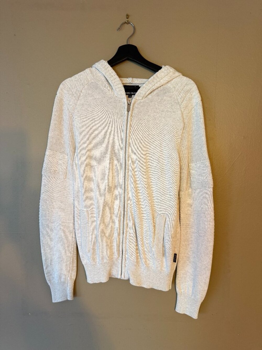 Stone Falcon Men's Cream Moto Ribbed Knit Full Zip Sweater Hoodie Small
